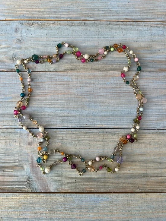 3pc Spring Necklace Set Red Choker, Green Seed Bead, Long Gold Multicolor Layers - Picture 8 of 13